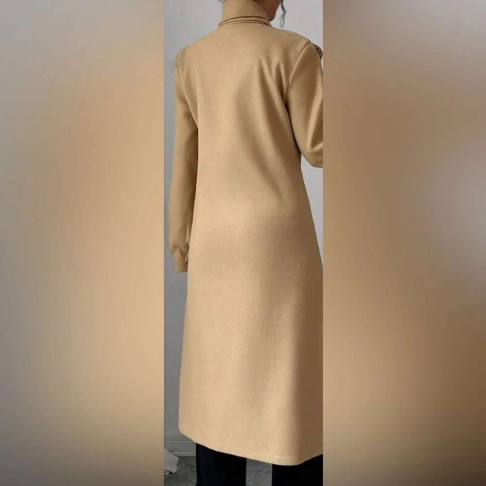 Classic Tan Tie Neck Button Pockets Coat Jacket - Picture 2 of 7
